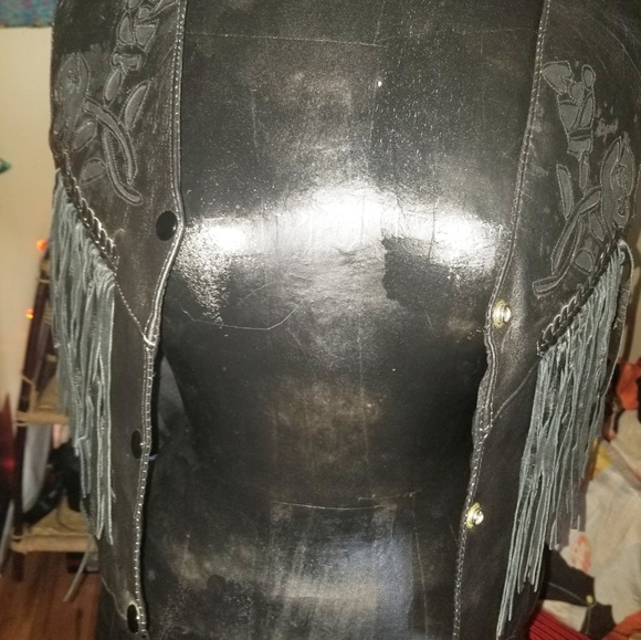 Vintage Black Leather Tassle Biker Vest - Picture 3 of 8